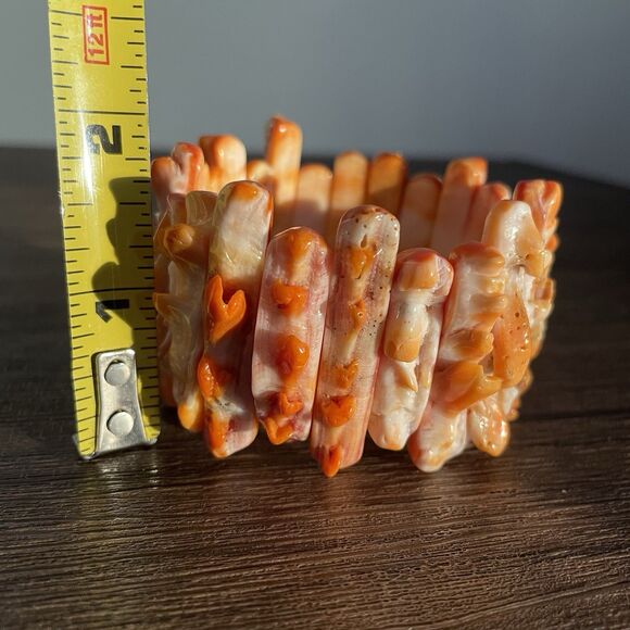 Natural Orange Spiny Oyster Shell Bracelet 7" Stretch Druzy Spikey Bead New - Picture 8 of 9
